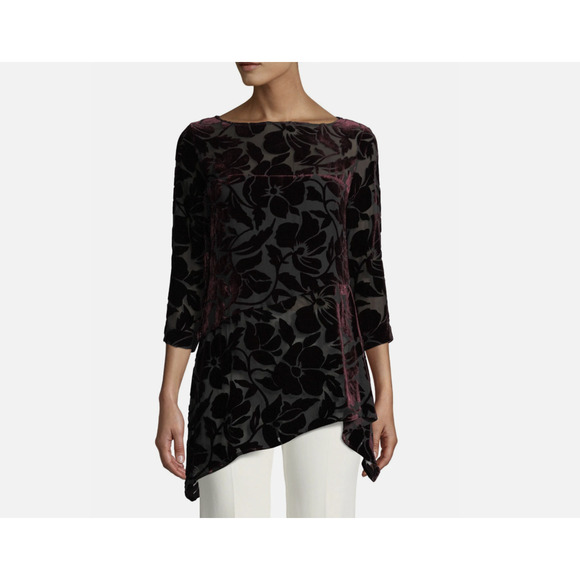 St John Blouse Velvet Floral Burnout Asymmetric Top Purple Sheer Artsy Size 12 - Picture 1 of 8